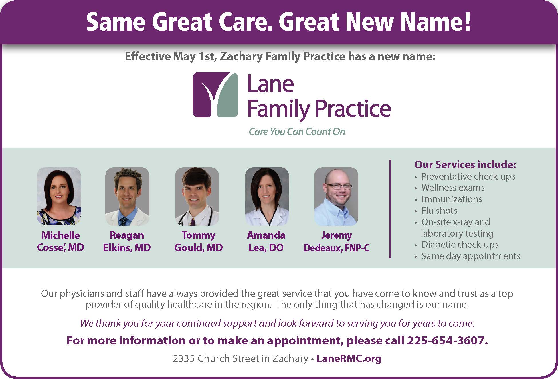 Zachary Family Practice is Now Lane Family Practice